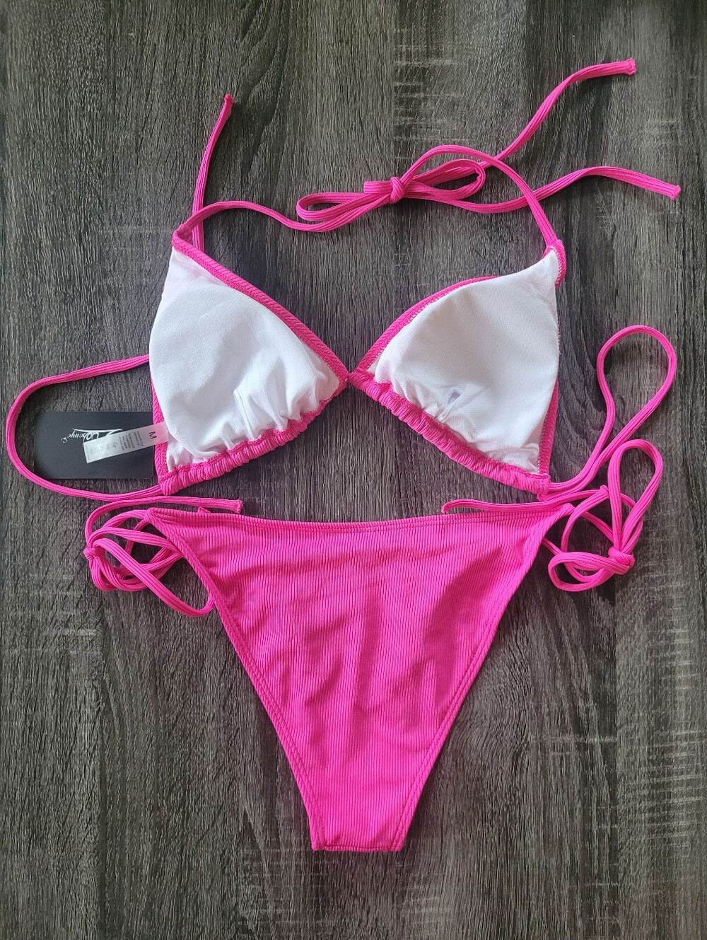 NWT Hot Pink Ribbed Triangle String Bikini - Picture 2 of 4
